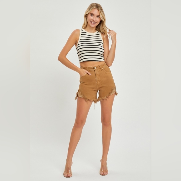 RISEN Cutoff High Rise Waist Distressed Moca Denim Frayed Mid-length Jean Shorts - Picture 6 of 16